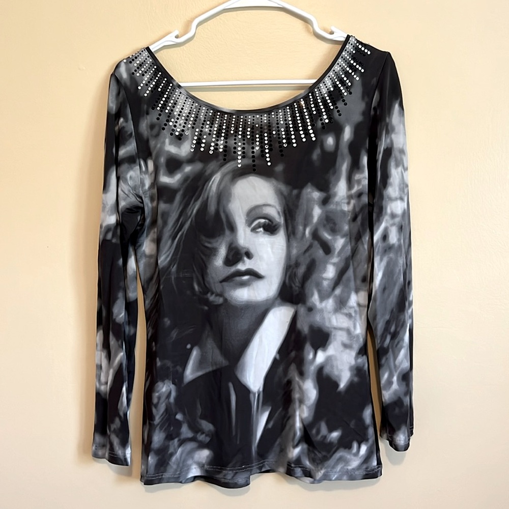 L/M Womens Printed Scoop Neck Long Sleeve Stretchy AllSizeFit Ladies Party Wear